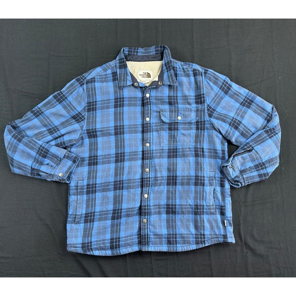 The North Face Mens XL Blue Plaid Sherpa Lined Flannel Shirt Jacket Shacket